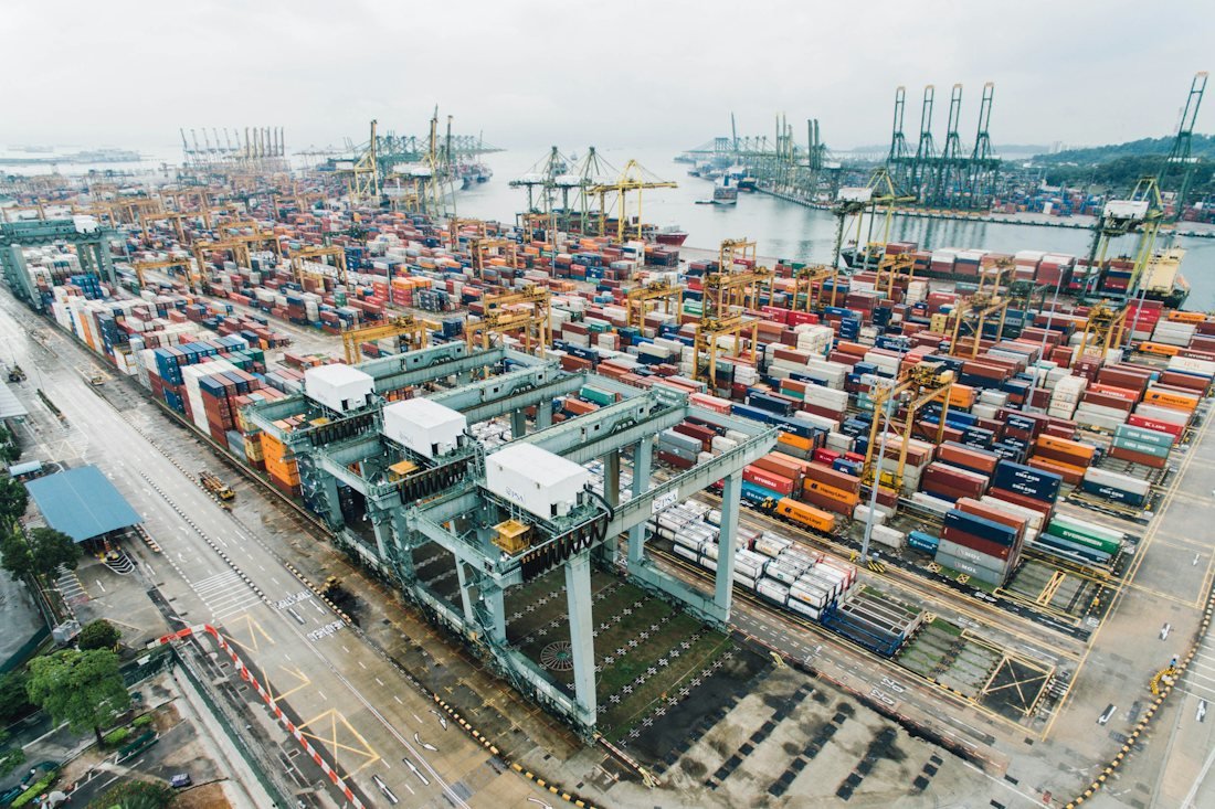 Aerial view of a commercial container port